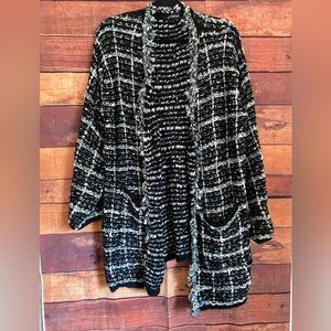 Davi & Dani Womens Long Sleeve Black White Tweed Sweater Cardigan- Size 2XL